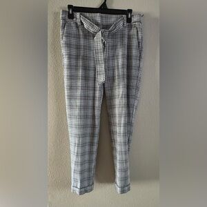 Loft Women’s Tie Waist Devin Slim Pants Plaid Gray Green Tan Size 2 Pockets